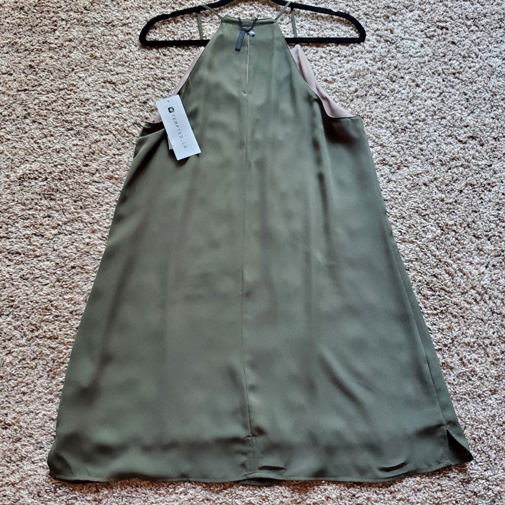 NWT Tempted Reversible Satin Tank Dress Olive Green Tan Spaghetti Strap Size M - Picture 7 of 9